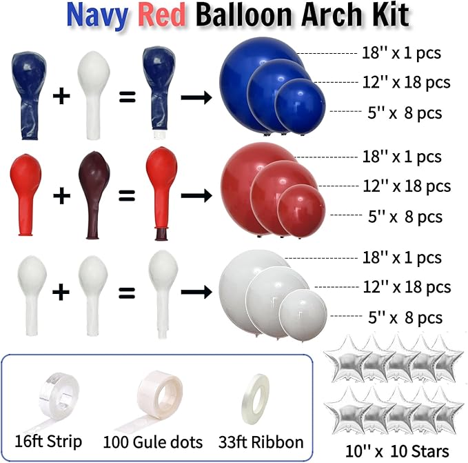 Red White and Blue Balloon Arch Kit with Silver Star – Double-Stuffed Balloons in 5"/12"/18" for 4th of July, Graduation, Patriotic Birthday, Baseball Party Decorations