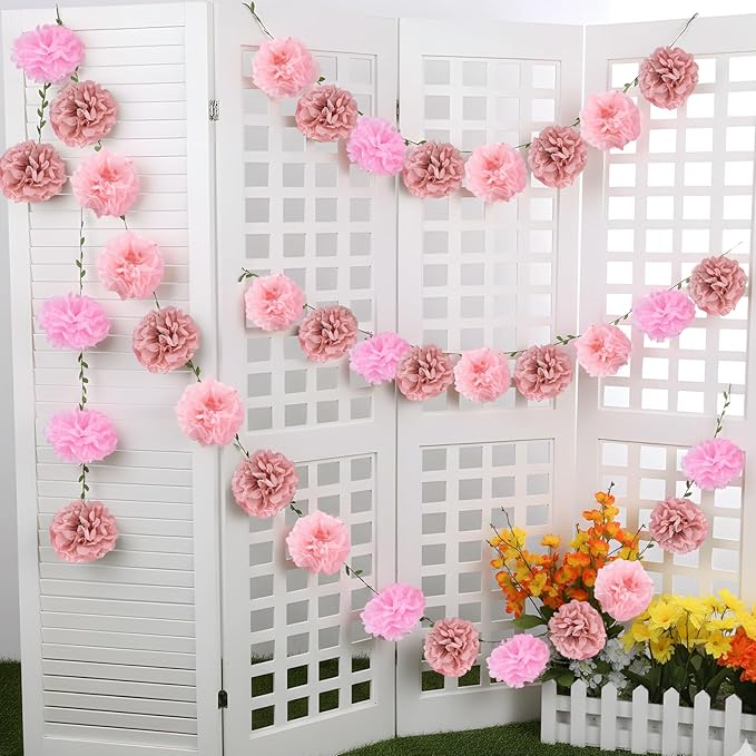 Pink Flower Garland for Backdrop - 2 Pcs Hanging Paper Flower Garlands for Wedding Arch Baby Shower Decor, 8.2 Ft Artificial Floral Vines for Living Room Wall Birihday Party Decoration