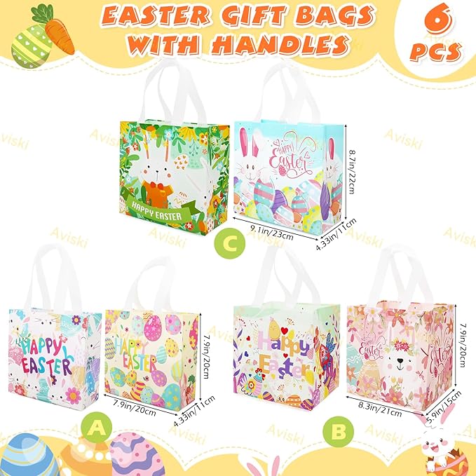 Aviski 6PCS Happy Easter Egg Hunt Bags, Assorted Sizes, Easter Bunny Carrot Chick Egg Treat Bag with Handles, Non-Woven Gifts Wrapping, Egg Hunt, Spring Party Supplies