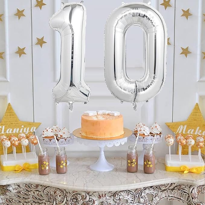 Number Balloons Silver Party Balloon - Giant Number 10 Balloon, 40 Inch Large Balloon for 10th Birthday Decorations, Silver Party Supplies for Anniversary