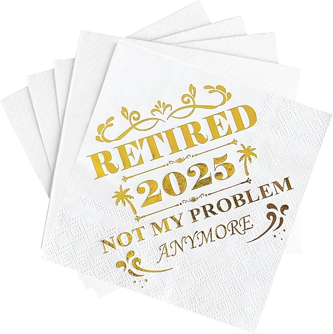 Retired 2025 Cocktail Napkins, 50 Pack 3-Ply Retirement Party Decorations Supplies, Gold Foil Disposable Napkins for Farewell,Coworker Goodbye & Going Away Celebration (5"x5")