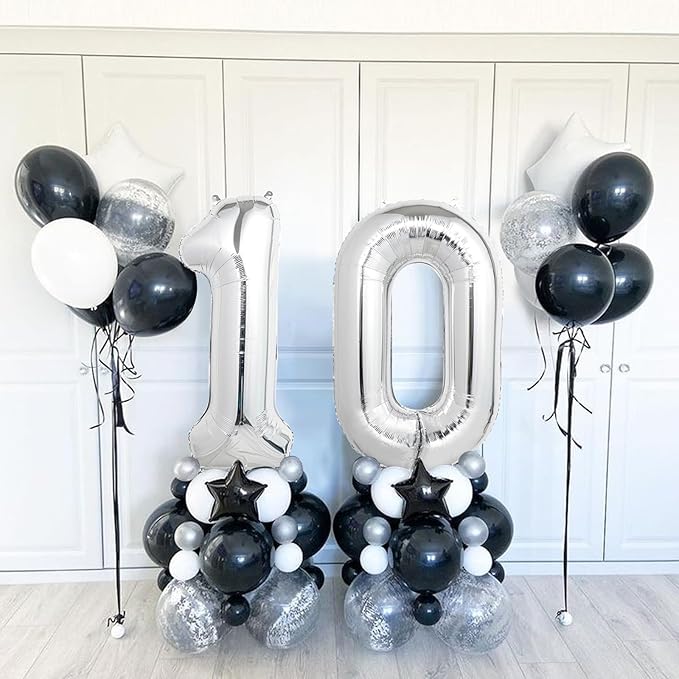 Number Balloons Silver Party Balloon - Giant Number 10 Balloon, 40 Inch Large Balloon for 10th Birthday Decorations, Silver Party Supplies for Anniversary