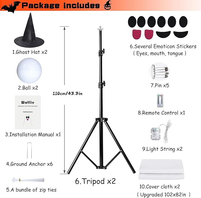 2Packs Halloween Decorations Outdoor, Cute Halloween Decorations Indoor, DIY Ghost Kit Decor with Witch Hat Remote Control String Lights, Spooky Ghost Scary Decor for Front Porch Yards Gardens Lawn