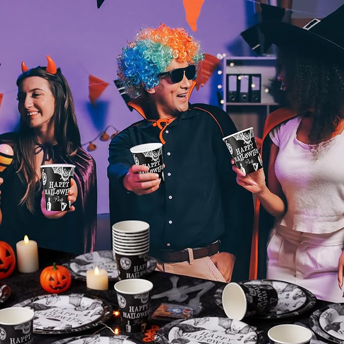 350 Pcs Happy Halloween Party Favor Vintage Halloween Decoration Disposable Tableware for 50 Guests 100 Pumpkin Skull Plates 50 Crows Bats Napkins 50 Cups 50 Sets Knives Fork Spoon