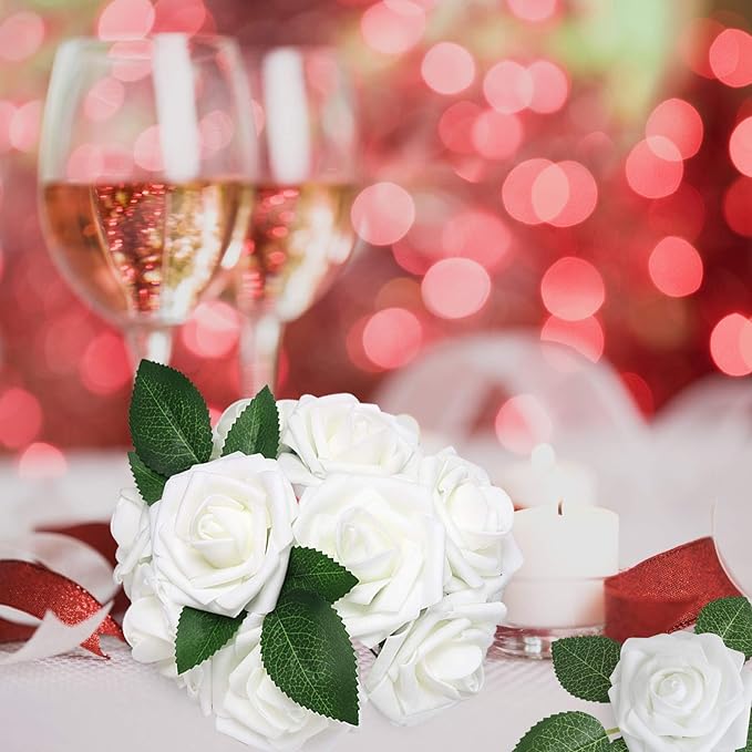 AmyHomie Artificial Flower 50pcs Real Looking Fake Roses w/Stem for DIY Wedding Bouquets Centerpieces Arrangements Party Baby Shower Valentines Day Christmas Tree Decorations