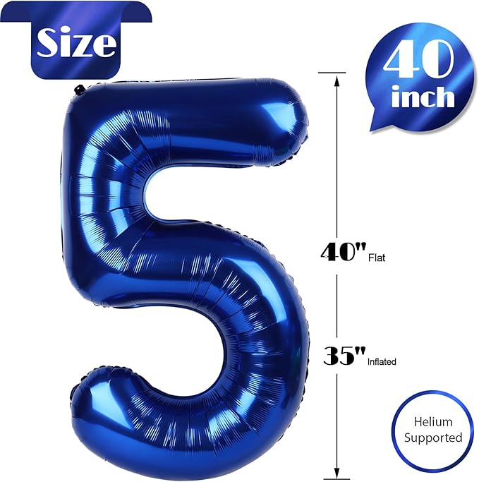 Night Blue Number 5 Balloon 40 Inch, 5 Balloon Number, 5th Birthday Decorations, Night Blue Party Supplies for Boys Girls