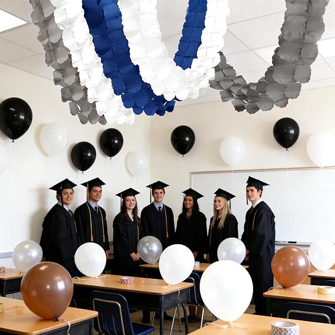 Blue-White Birthday-Party Graduation Decorations 2026 - Blue Streamers Garland Royal Navy Blue Silver 4-Leaf Clover Paper Banners Backdrop Men Boy Fathers Day Wedding Party Decor Supplies Garsellen