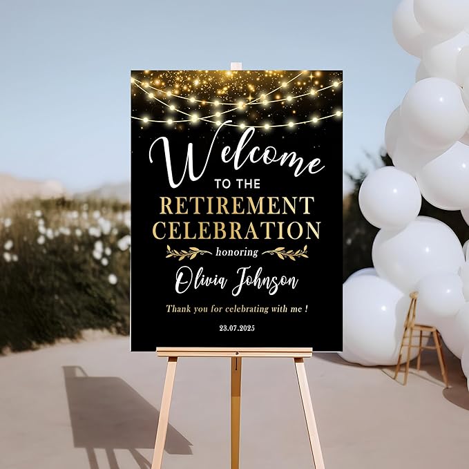 Retirement Celebration Party Welcome Sign, Gold Confetti on and Garland Lights on Black Retirement Celebration Yard Sign, Customizable Name & Date - Multiple Sizes