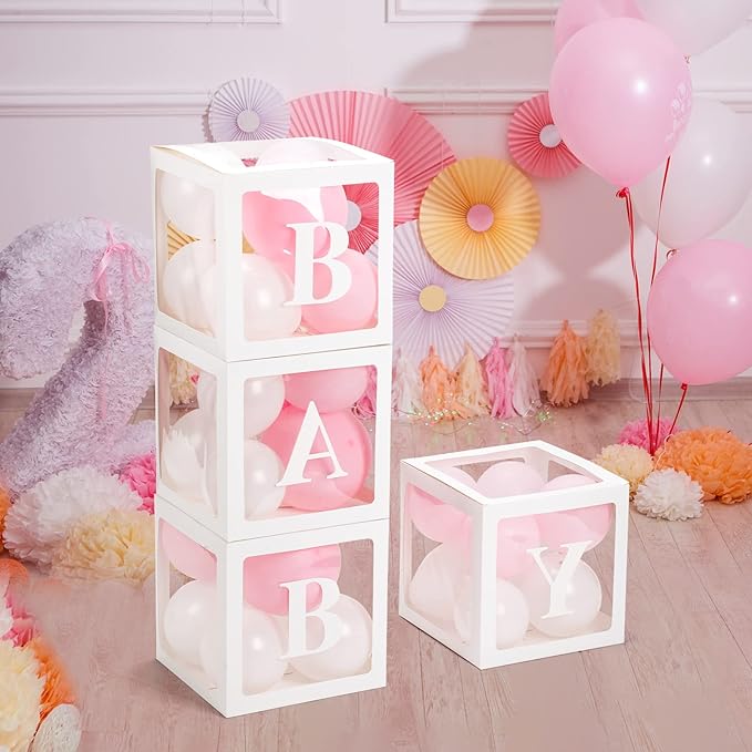 Baby Boxes with Letters for Baby Shower, 4 Transparent Balloon Boxes with Letters for Gender Reveal Birthday Wedding Baby Shower Decorations( Pink and White Balloons)