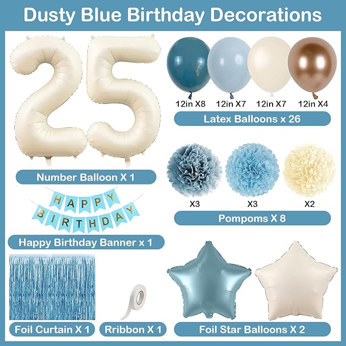 Dusty Blue 25th Birthday Party Decorations for Her Him Beige Cream Number 25 Balloon with Blue Gold Happy Birthday Banner Fringe Curtain Paper Pom Poms Nude White Sand Champagne Star Foil Balloons