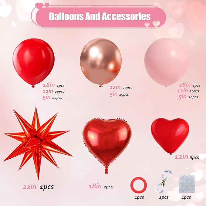 Pink Red Balloon Garland Arch Kit with Heart Balloons for Baby Shower Bridal Shower Wedding Proposal Party Women Birthday Party Galentines Party Special Night Decorations