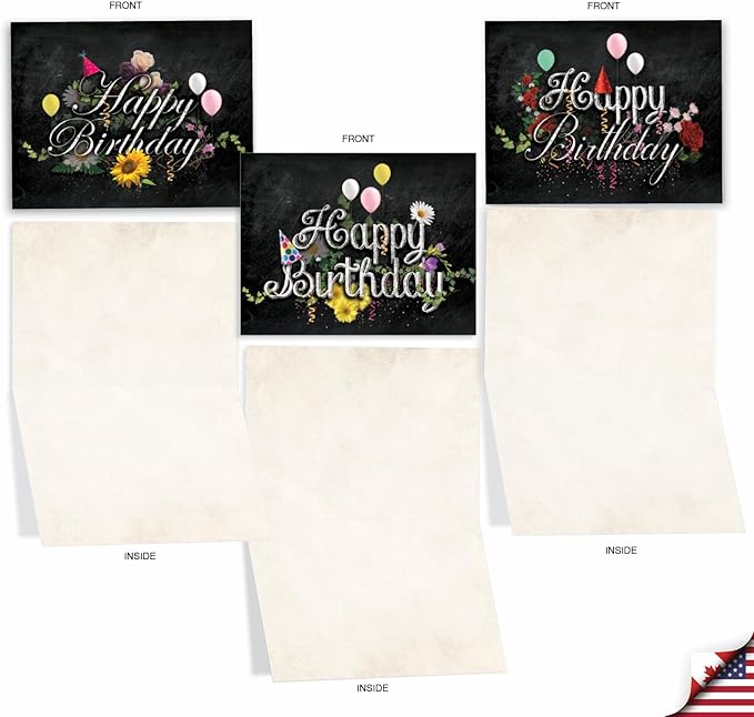The Best Card Company - 10 Happy Birthday Note Cards Blank - Assorted Bulk Birthday Notecards, Cute Boxed Set (4 x 5.12 Inch) - Chalk and Roses Birthday M6479BDB