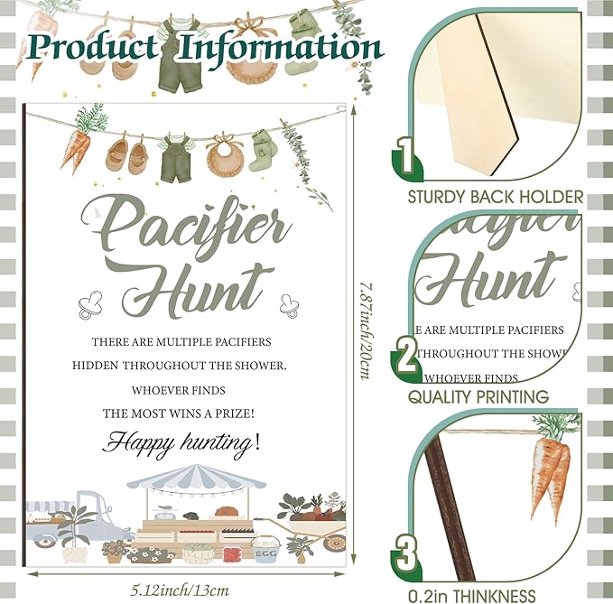 Thyle 51 Pcs locally grown Pacifier Hunt Baby Shower Games Include Hunt Sign and 50 Acrylic Pacifiers for farm themed Baby Shower Game Decoration Sets Gender Reveal newborn announcement Party Decor