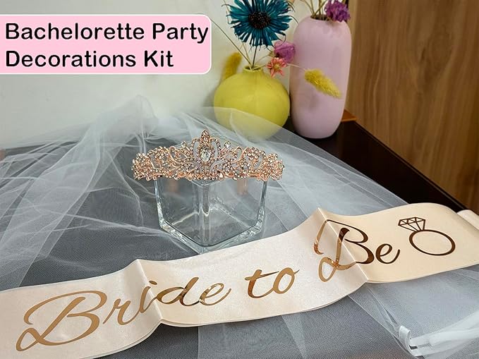 JETKONG 3 Pcs Bachelorette Party Decorations Bridal Shower Crown, Bride to Be Sash&Veil for Women Bachelorette Party Gifts, Bachelorette Party Supplies, Gifts, Favors (Rose Gold)