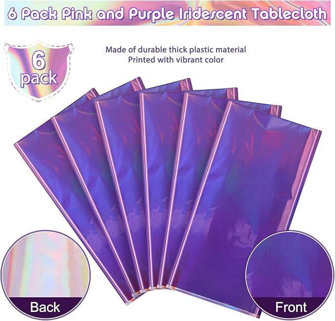 6 Pack Ombre Iridescent Pink and Purple Plastic Tablecloths, Shiny Disposable Laser Rectangle Table Covers Holographic Foil Tablecloth Iridescent Kpop Birthday Bridal Party Decoration, 54x108 Inch