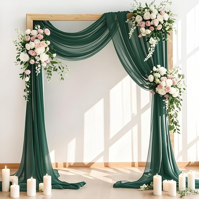 Wedding Arch Draping Fabric 30'' x 18FT Sheer Chiffon Arch Drape Backdrop 2 Panel Emerald Green Drapes for Easter Bridal Shower Photo Booth Church Decor Birthday Party Outdoor Decoration