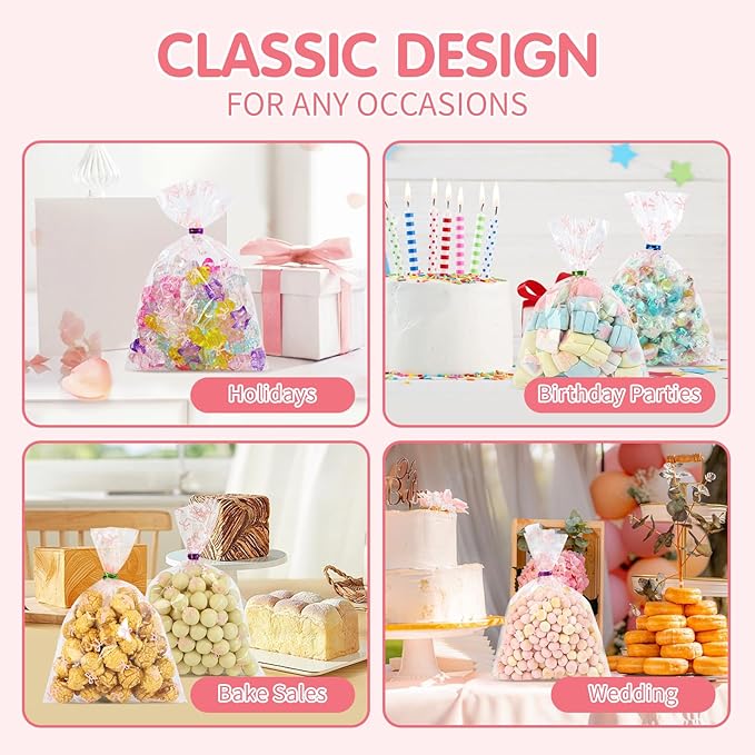 Docvania Cello Cellophane Treat Gift Bags Pink bow Cookie Bags 100 pcs 5 X 7 Goodie Bag with Ties for Mother's Day, Valentine's Day and Parties, Weddings