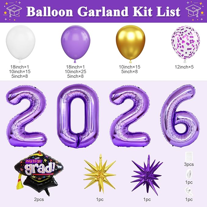 Graduation Balloons Garland Arch Kit, Graduation Balloons Class of 2026, Purple and White Gold Latex Balloon with Foil Balloon for Class of 2026 Party Decor