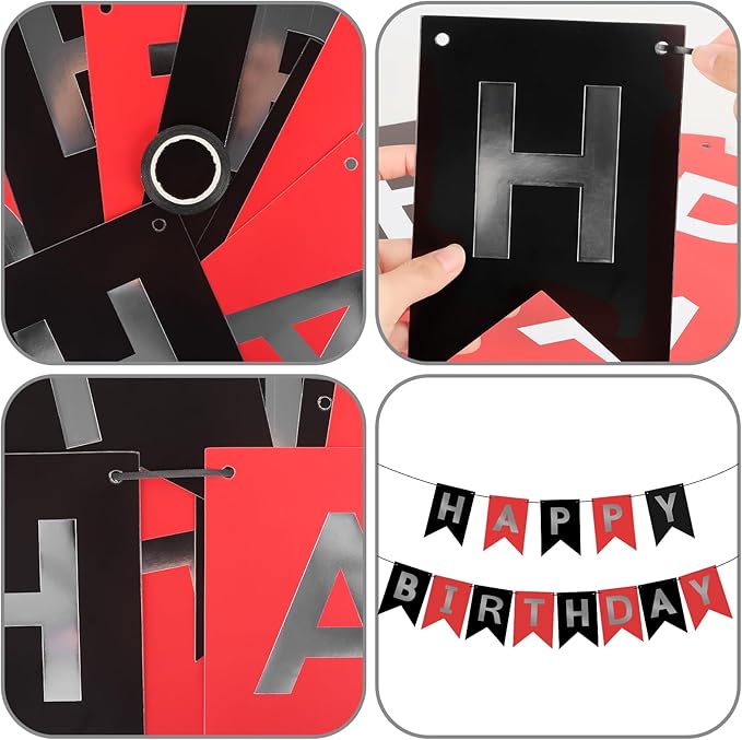 Red Silver Black Happy Birthday Banner Sign Happy Birthday Bunting Banner Garland for Kids Girl Woman Birthday Tea Party Decorations Bunting Flag Birthday Party Supplies
