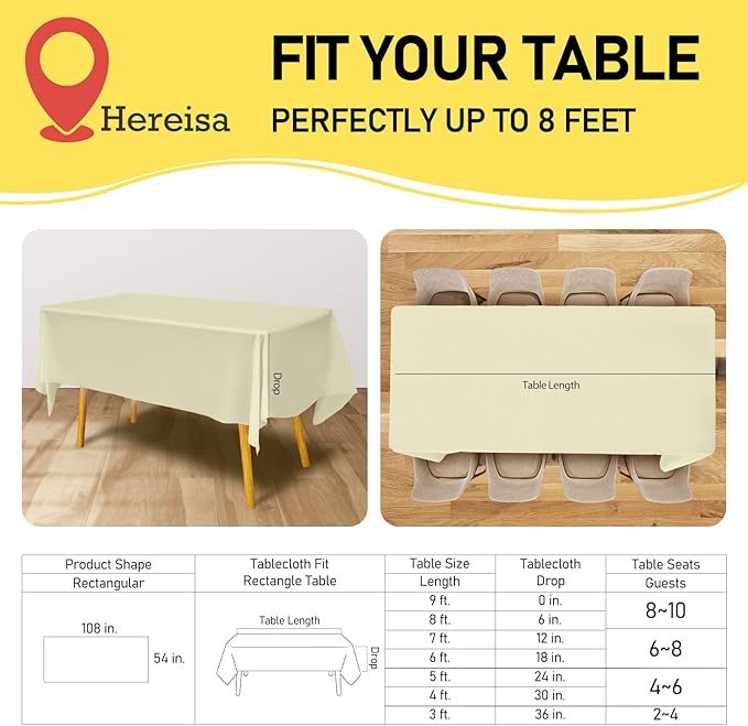 Premium Disposable Table Cloth - 12 Pack, 54 x 108 Inch Table Cloths for Parties, Decorative Tablecloths for Rectangle Tables, Plastic Table Cover, Leakproof & Sturdy, Ivory