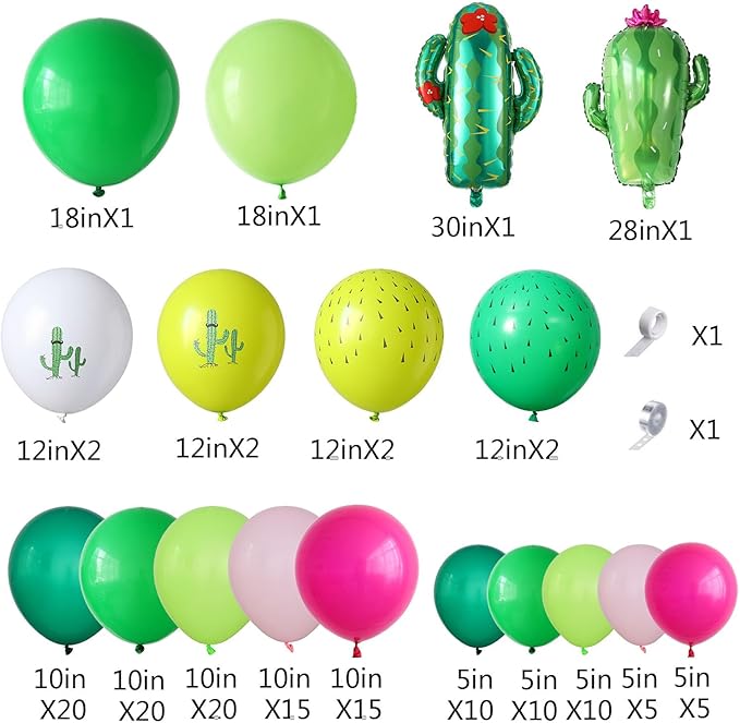 144Pcs Cactus Fiesta Balloon Arch Garland Kit Hot Pink Green Cactus Foil Balloons for Mexican Cactus Taco Birthday Party Summer Jungle Hawaiian Luau Succulent Tropical Party Decorations