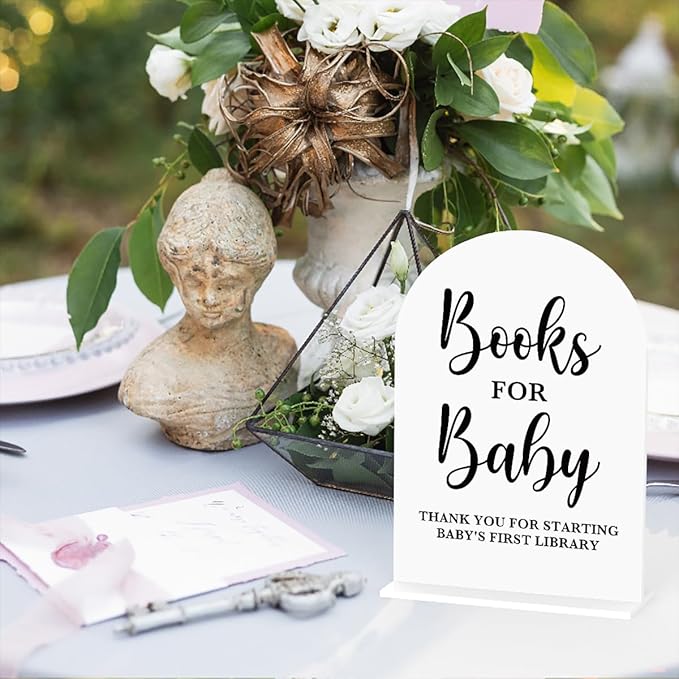 Baby in Bloom Shower Decorations, Baby Shower Sign, Newborn Gifts, Books Signs, Modern Calligraphy Arched Acrylic Table Top Signs With Stand for Birthday Party Decorations (White)