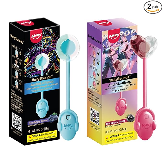 AMOS TastySounds Audio Lollipop 2-Pack Combo - Blackberry & Blueberry Flavors, Bone Conduction Music Candy with Earbud Design