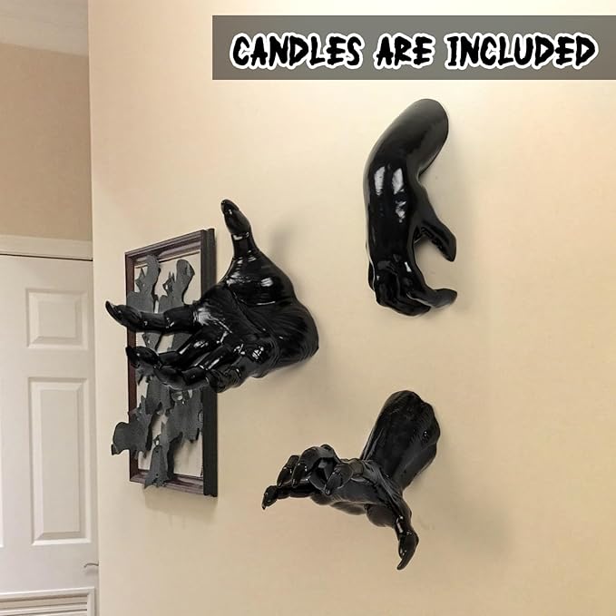 DAZONGE Halloween Decorations Indoor/Outdoor, Pack of 3 Wall Mounted Creepy Reaching Hands with Candles, Life-Sized Horror Hands for Wall Decorations, Gothic Hanging Wall Art Sculpture