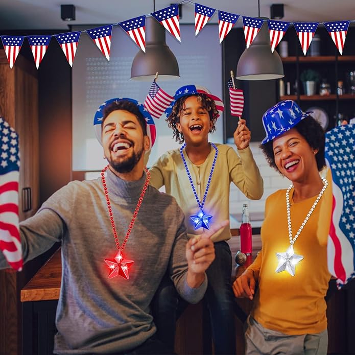 6 Pack 250th Anniversary 4th of July Party Favor LED Light Up Necklaces,Red White Blue Necklaces Accessories Decorations Party Supplies, Patriotic Stars Beads for Adults Kids National Independence Day