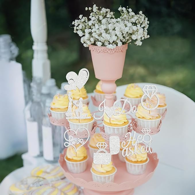 60 Pcs He Asked She Said Yes Cupcake Toppers,Engagement Cupcake Toppers Glitter Diamond Ring Heart Love I Do Cupcake Picks for Engagement Wedding Party Cake Decorations,Silver