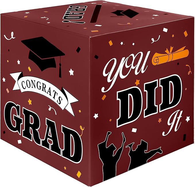 Graduation Card Box, 2025 Graduation Party Decorations, Maroon Black Graduations Card Holder, Foldable Cardboard Congrats Grad Card Gift Box Class of 2025 for Graduations Party Favors Supplies