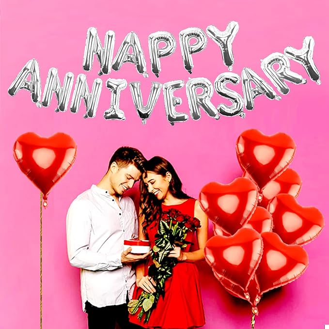 Happy Anniversary Decorations - 16 Inch Silver Letters Banner With 18 Inch Heart Balloons, Backdrop for Room Wedding Party Celebrations Valentines Day Decor