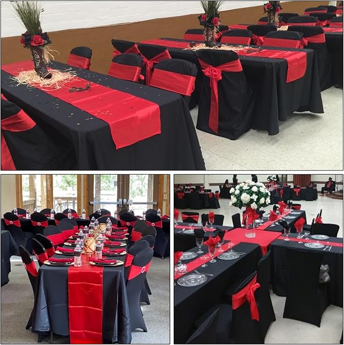 12Pack 12x108 Inch Satin Table Runner and 54x108Inch Plastic Tablecloths Set Black and Red Disposable Rectangle Table Cover for Graduation Wedding Bridal Shower Anniversary Birthday Party Decorations