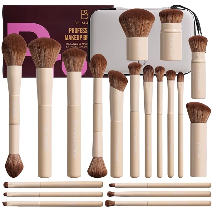 Professional Makeup Brushes BS-MALL With Travel Case - Kabuki Brush Eyeshadow Brush, Concealer Brush, Blush Brush Bronzer & Foundation 20 Pcs, Labeled Daily Use Gift Box Aluminum Ferrules (Beige)