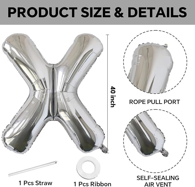 KALOR 40 Inch Silver Letter X Balloons Jumbo Foil Mylar Helium Big Balloons for Birthday Party Anniversary Baby Shower Supplies