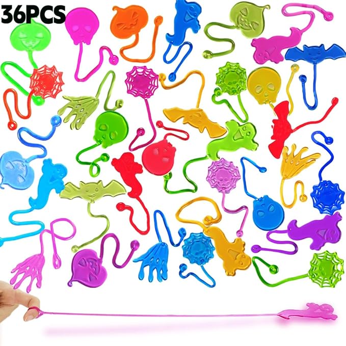 36pcs Halloween Party Favors Sticky Hands, Spider Web Skull Bat Stretchy Sticky Toys For Boys Girls, Birthday Party Supplies, Non Candy Halloween Treats Goodie Bag Stuffers