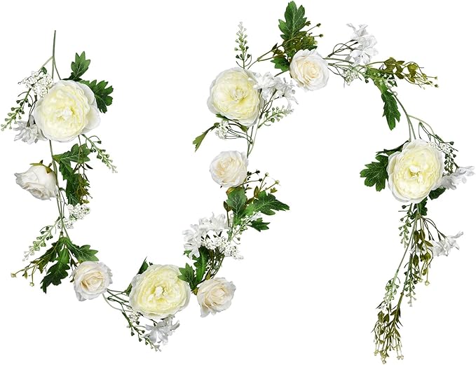 Lvydec Artificial Peony Flower Garland - 6ft Silk Peony White Flower Garland for Wedding Party Table Decoration (White)