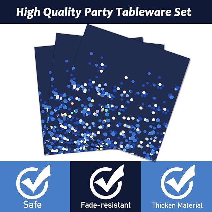 96 Pcs Blue and Silver Party Supplies Dot Confetti Paper Plates Sparkly Glitter Theme Party Decoration Confetti Party Tableware Set Bridal Shower Birthday Party Paper Plate Napkin Fork 24 Guests