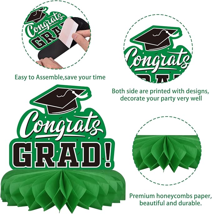 Gatherfun 9PCS Graduation Party Decorations Class of 2026 Congrats Grad Table Centerpiece Congratulate Graduation Honeycomb Table Toppers for Graduation Party Supplies(Green,Black