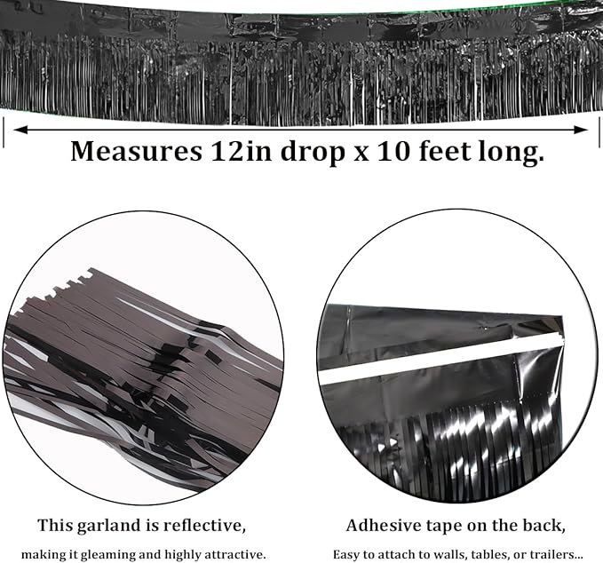 3 Pack Black Total 30 Feet Foil Fringe Garland Metallic Tinsel Banner Wall Hanging Drapes Parade Float Skirting Decorations for Trailer Mardi Gras Party Birthday Wedding Baby Shower (Black)