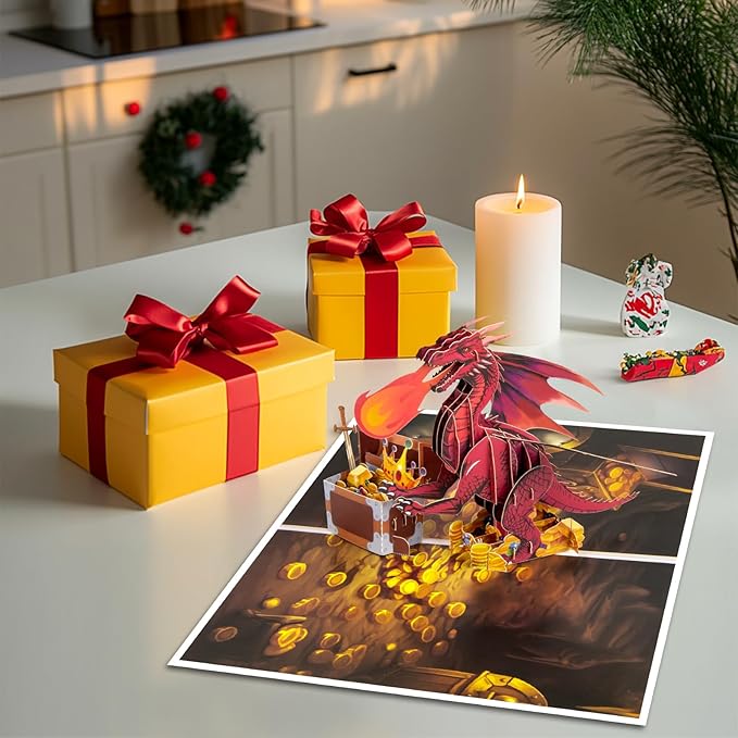 Treasure Chest Fire Dragon Pop Up Greeting Card with Blank Note & Envelope, ideal celebration gift for Friendship, Love, Anniversary, Special Moment, Inspirational, Birthday, Holiday, Party