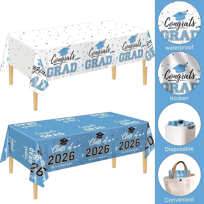Oigco 2026 Graduation Decorations, 2 Pack Sky Blue Graduation Tablecloths Class of 2026, Congrats Grad Plastic Tablecloths for Graduation Party Decorations, 54 x 108 Inch