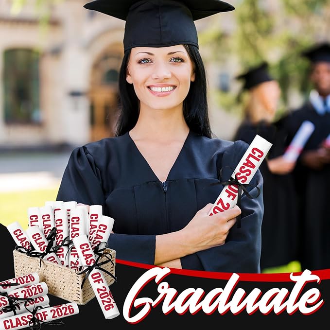 100 Set Graduation Class of 2026 Guest Red and White Napkins Black Rolled Silverware Disposable Grad Award Dinner Napkin with Ribbon and Scissors for Celebration