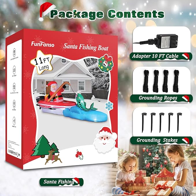 FunFanso 11 FT Christmas Inflatable Santa Claus Fishing on The Boat, Blow up Outdoor Decorations with Built-in Bright LED Lights, Vibrant Xmas Festival Decor for Lawn Yard Garden Holiday Party Porch