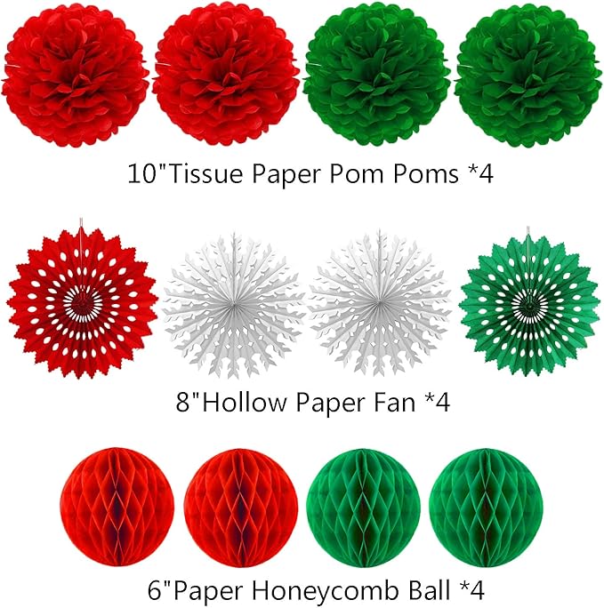 Christmas Party Decorations Paper Fans,Garlands String Circle Dot,Triangle Bunting Flags, Honeycomb Ball,Paper Tissue Pom Poms,Party Supplies for Christmas Birthday Wedding Baby Shower