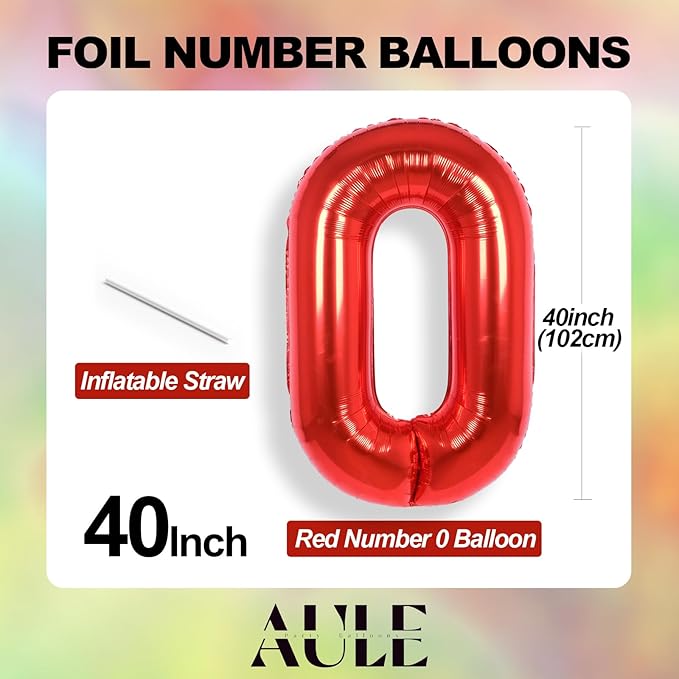 AULE 40 Inch Big Red 0 Balloon Number Large Foil Helium Number Balloons 0-9 Jumbo Giant Happy 0th Birthday Party Decorations for Boy or Girl Huge Mylar Anniversary Party Supplies
