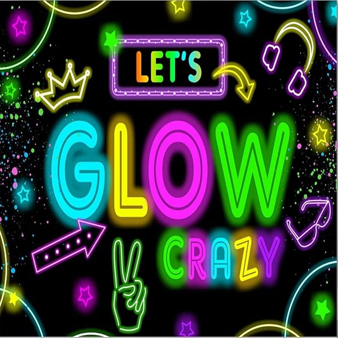 Neon Glow Party Decorations Supplies Backdrop 10x10ft Glow in The Dark Let’s Glow Banner Photography Background Birthday Sleppover Graffiti Splash Paint Black Light Kids Photo Booth