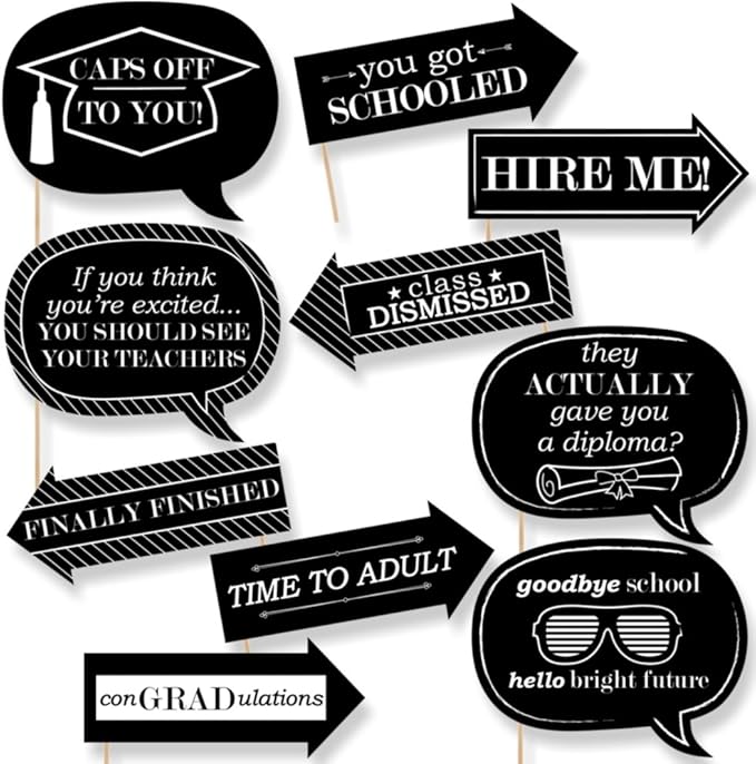 Big Dot of Happiness Funny Graduation Cheers - Photo Booth Props Kit, Celebration Decoration for Graduation Parties, Black & White Display, Grad Decor - 10 Piece