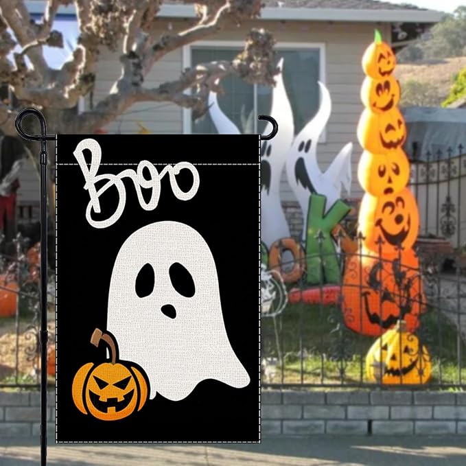 Halloween Garden Flag Ghost Welcome Small Flags for Outside, 12x18 Inch Spooky Boo Double Sided Burlap Holiday Fall Banner Yard Outdoor Decoration