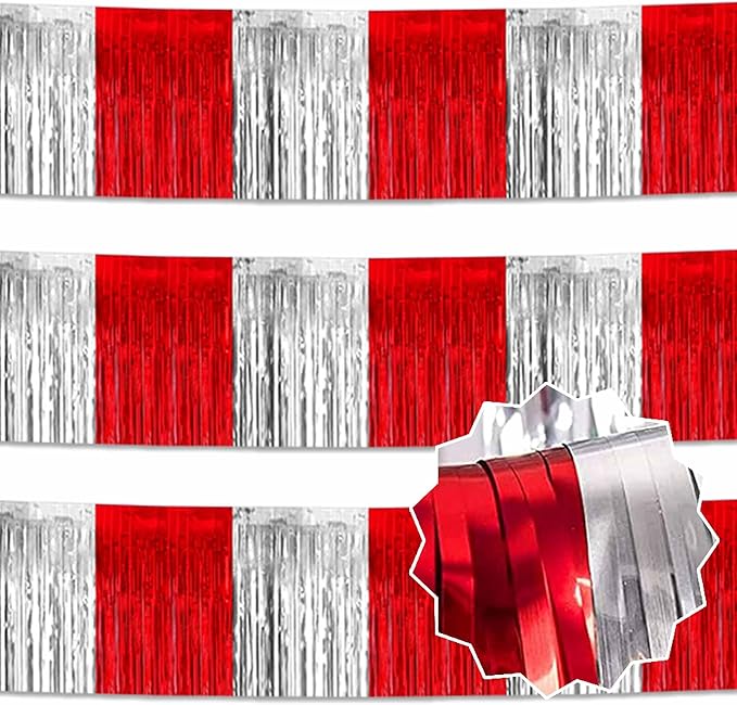 3 Pack 10 Feet Red and Silver Tinsel Foil Fringe Garland, Metallic Streamers Banner Wall Hanging Garland for Parade Floats, Graduation, Birthday, Baby Shower, Disco, Celebration Party Decoration